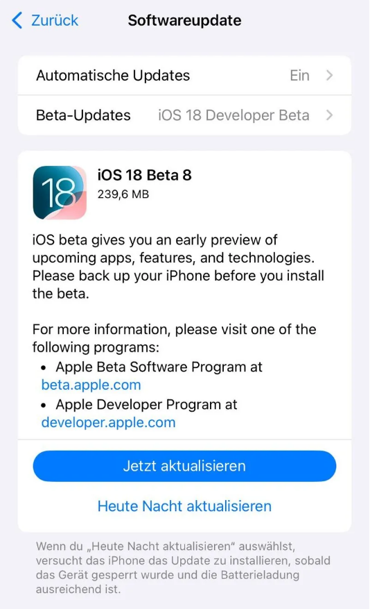 高明苹果手机维修分享苹果 iOS / iPadOS 18 开发者预览版 Beta 8 发布 